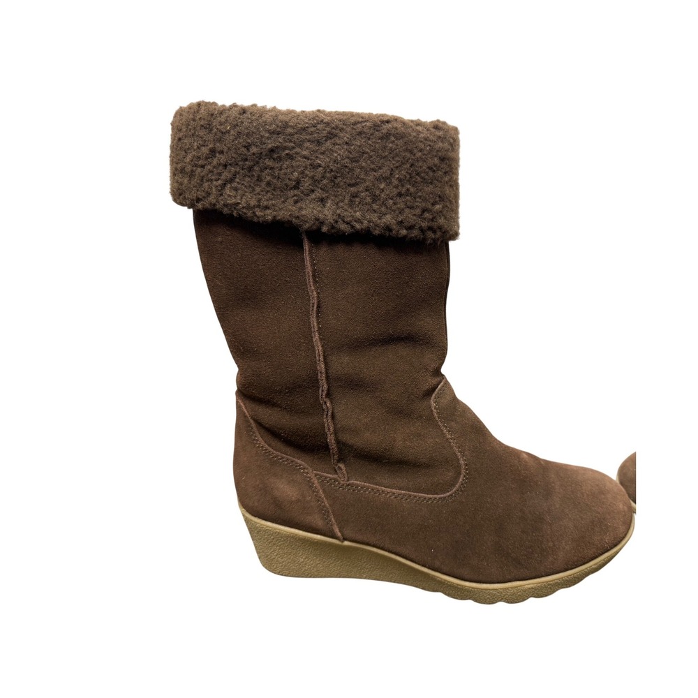 Lands' End Women's 8.5 Brown Suede Faux Fur Cuff Wedge Winter Boots